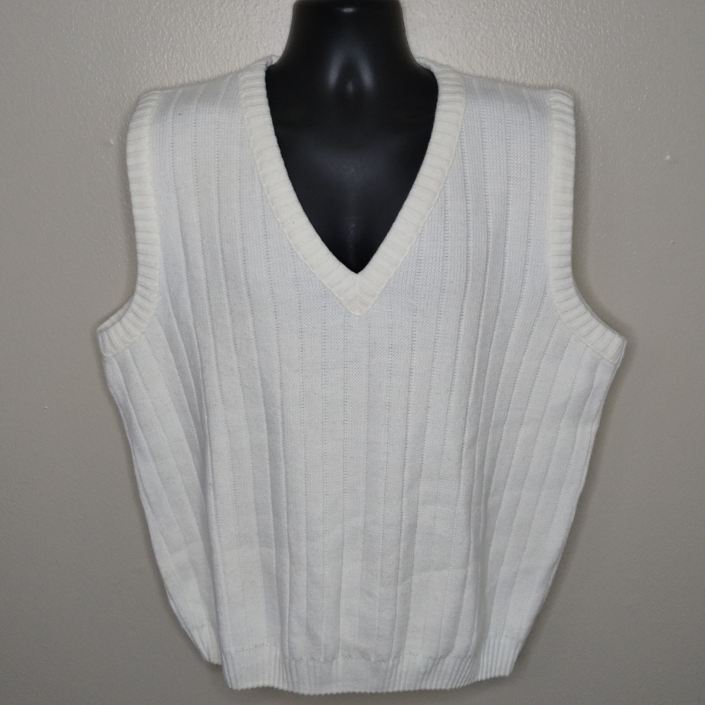 𝅺VINTAGE Area By Tag Men's Large Sweater Vest Ivory Acrylic Made In USA V-neck